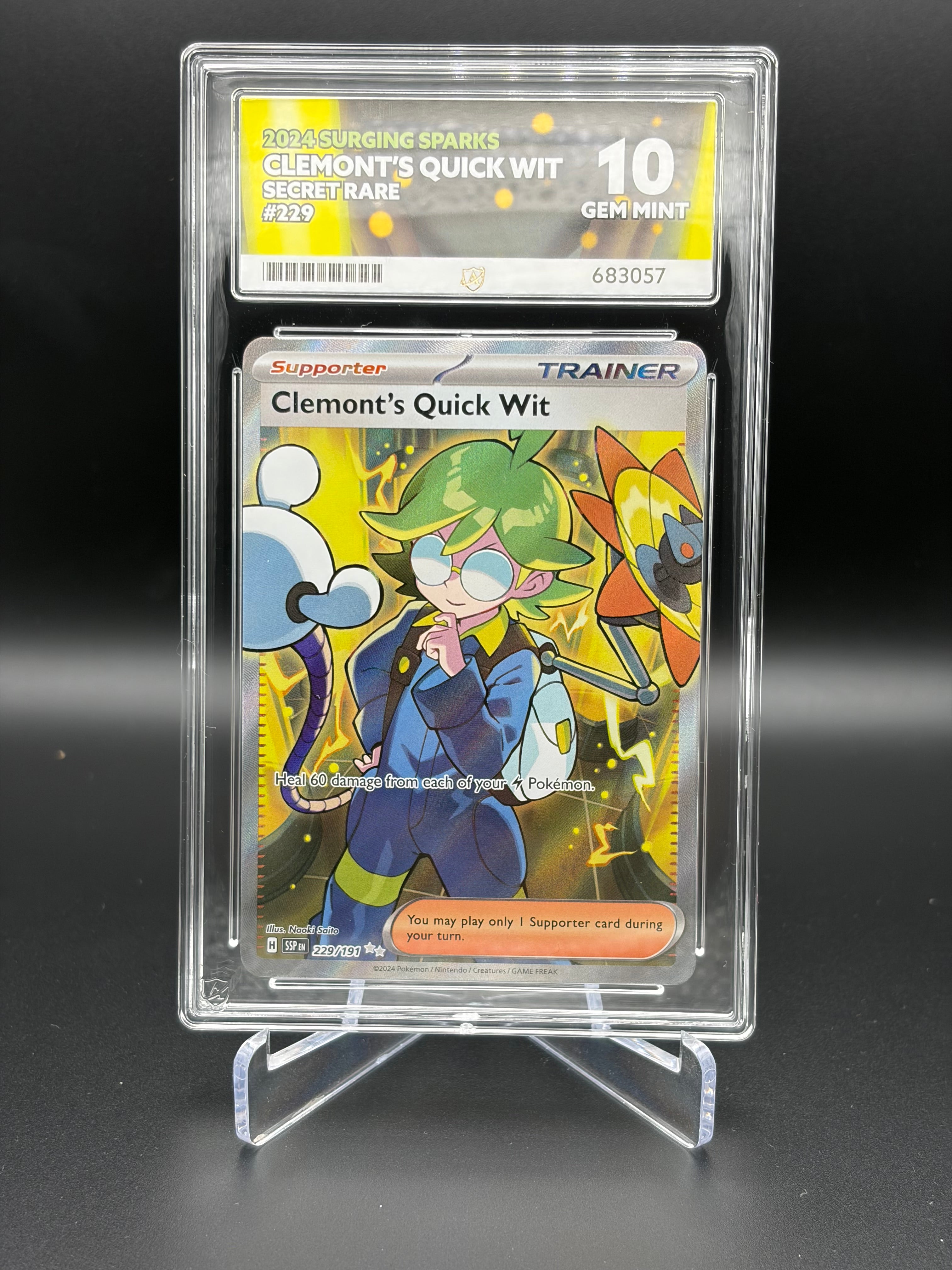 ACE GRADED 10 GEM MINT Pokémon Clemont’s Quick Wit 229/191 Surging Sparks